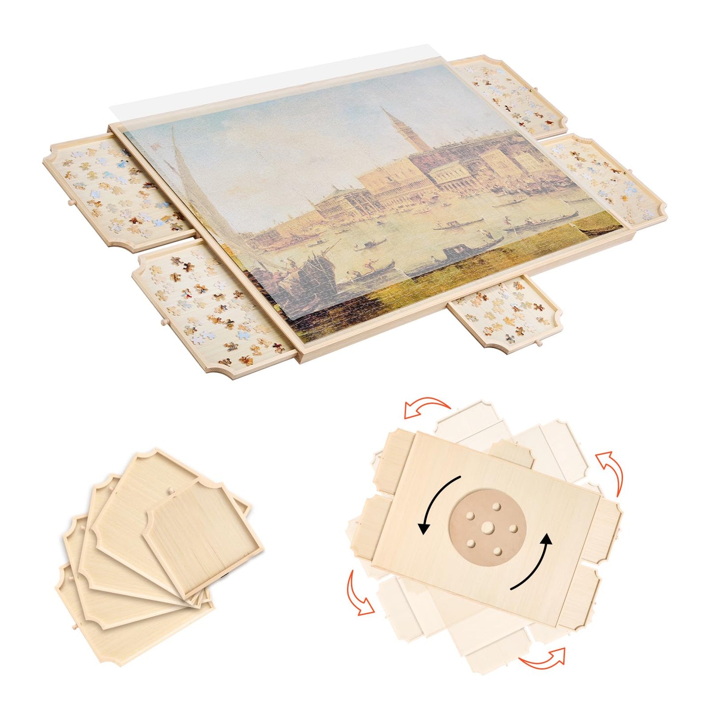 VEVOR 2000 Piece Rotating Puzzle Board with 5 Drawers and Cover, 40x29 in Portable Wooden Table, Jigsaw Puzzle Accessories for A
