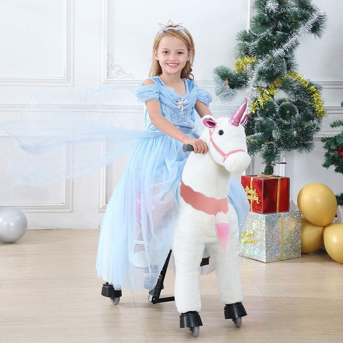 PONYEEHAW Ride on Unicorn Toys  Kids Riding Unicorn Toys Ride on Toys for 6-14 Years Old  enhanced Plush Animals Toys Walking Unicorn with Wheels (White and Pink  31.5 L x 13 W x 36.2 H)