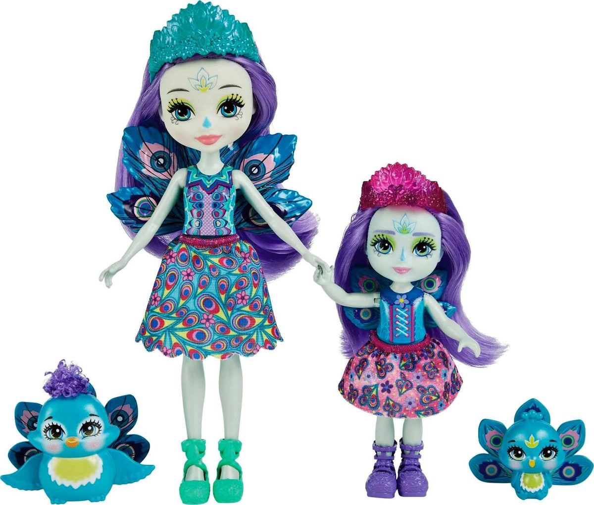 Mattel Enchantimals Family Set With 2 Sister Small Dolls & 2 Animal Figures, Patter (6Inch) & Piera (4Inch) Peacock Dolls In R