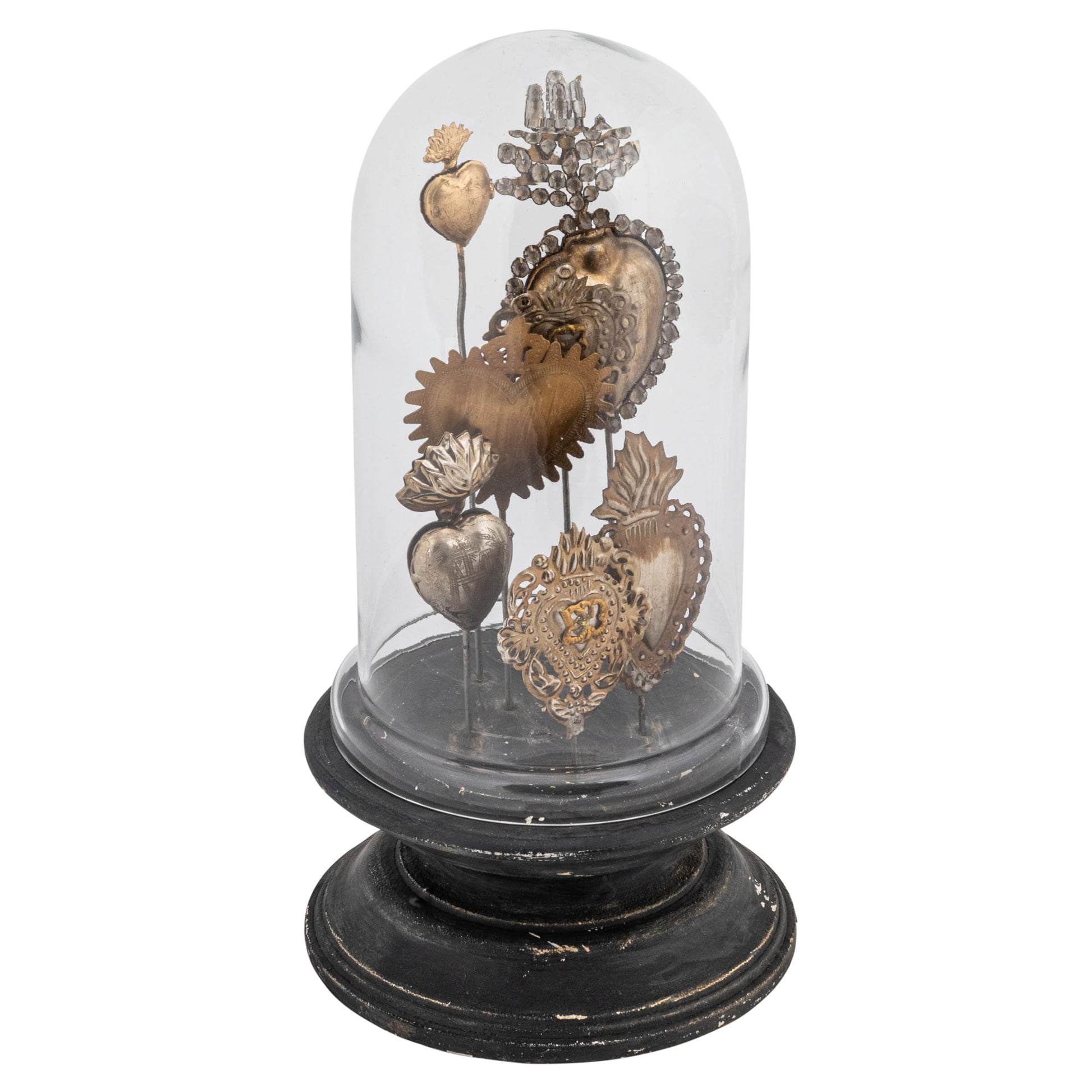 Decorative Tin Sacred Hearts On Wood Pedestal With Glass Cloche