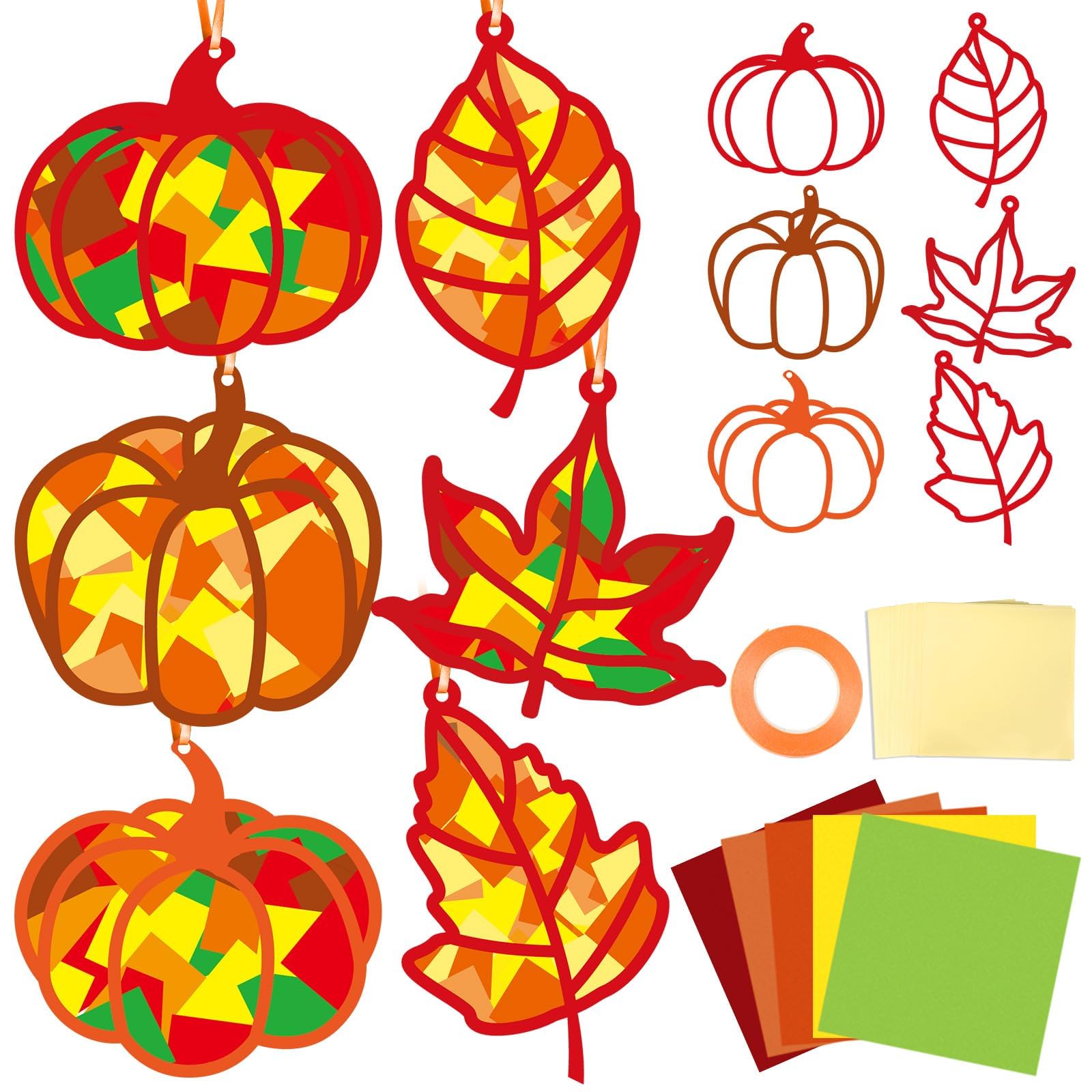 Qyeahkj 36 Set Fall Suncatchers Crafts for Kids DIY Autumn Window Tissue Paper Crafts Kit Maple Leaves Pumpkin Hanging Decor for