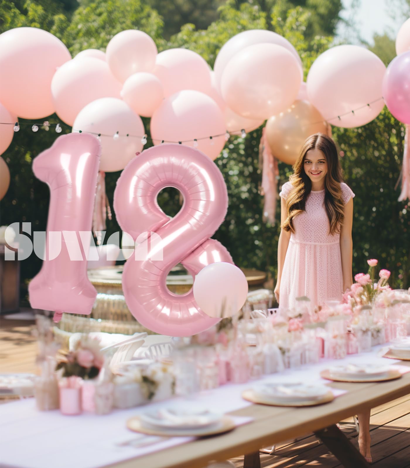 Suwen 40 Inch Pink Large 18 Number Balloons Big Foil Helium Number Balloons 0-9 Jumbo Happy 18Th Mylar Birthday Party Decoration