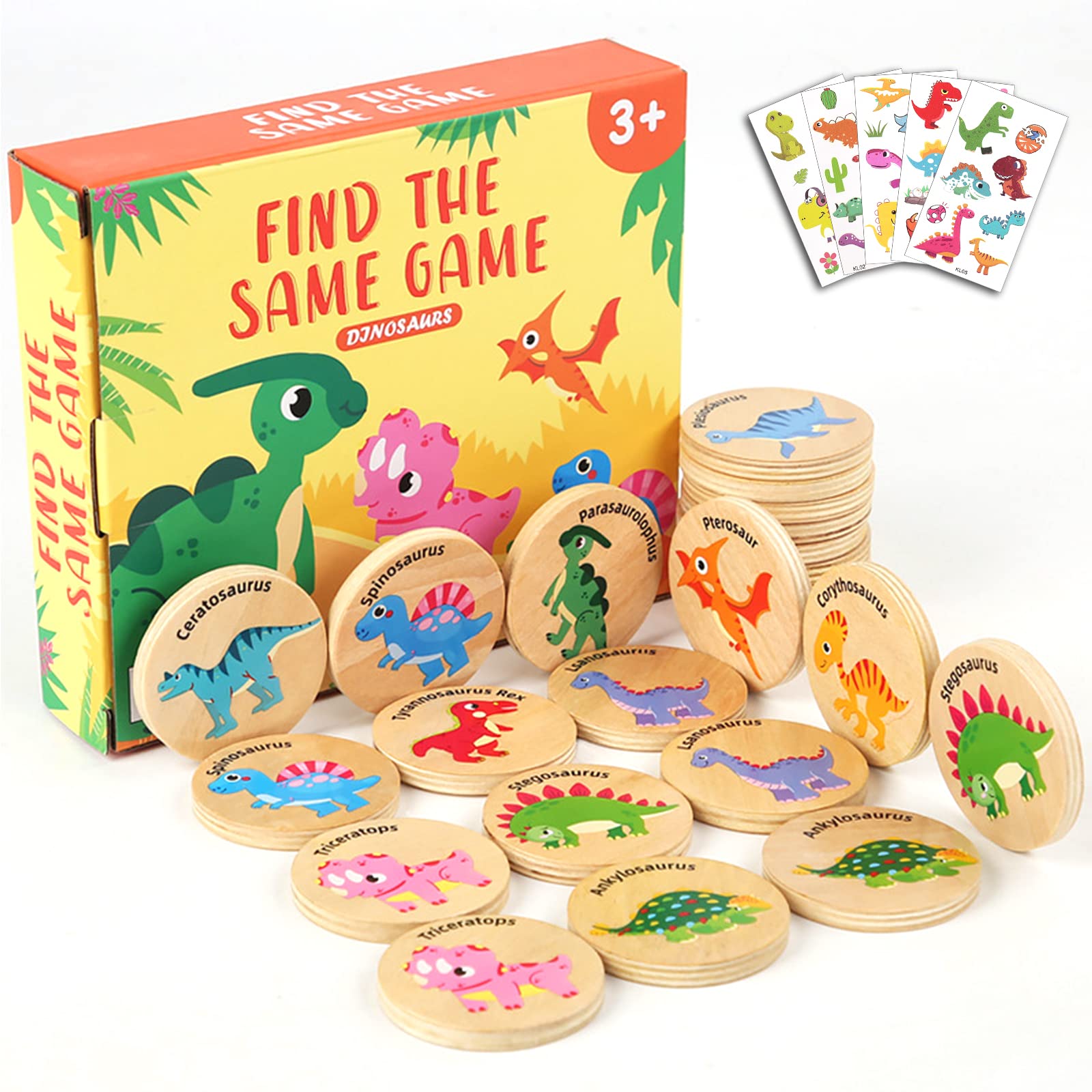 Protado Wooden Match Memory Game for Kids, 24Pc Memory Matching Cards, Educational Memory Matching Game for Pre-Kindergarten Early Learning Development Kids-Dinosaur -Like New