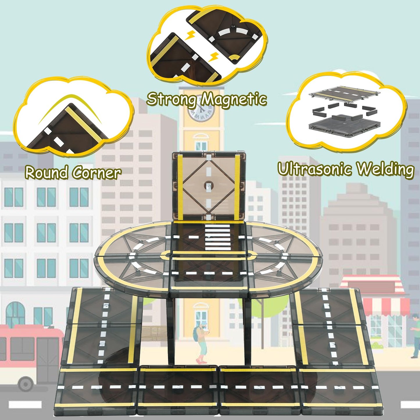 Benoker Magnetic Tiles Road Set, Stem Magnet Building Blocks For Toddler Kids, Montessori Educational Toy Gifts For 3+ Year Old