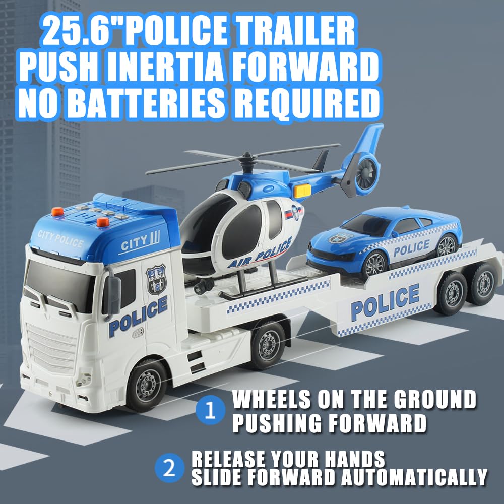 ANJARU Police Toys Vehicle Truck Playset - 25" Push & Go with Mini Car & Helicopter - Plastic - Police Trailer - Model 666-69F