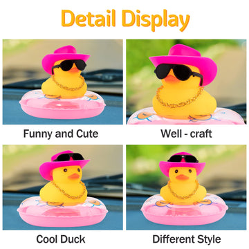 Wonuu Pink Car Accessories Rubber Duck Decoration Dashboard Car Ornament With Swim Ring Necklace Mini Cowboy Hat And Sunglasses