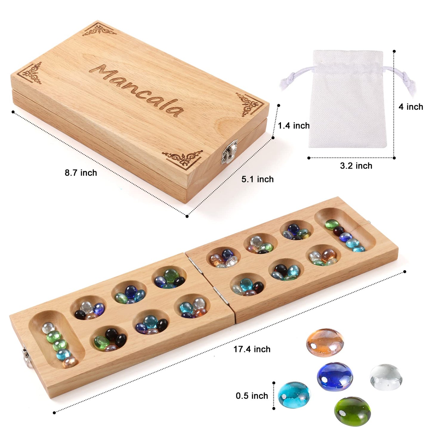 Ceebyfa Mancala Board Game For Kids, Adults & Family. Includes Folding Rubber Wood Board, 48+10 Mancala Stones & Instruction. Cl