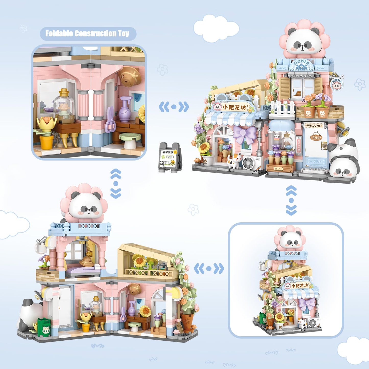 Street View Flower House Shop Mini Building Blocks, Moc Creative Building Toys Cute Panda Building Set For Kids 6-12, Simulation