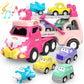 Toddler Car Toys for 1 2 3 4 Year Old Girl Birthday Gift, 5 in 1 Pink Princess Transport Carrier Trucks for Girls Age 1-2 3-4 wi
