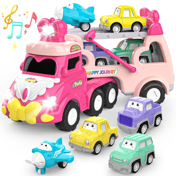 Toddler Car Toys for 1 2 3 4 Year Old Girl Birthday Gift, 5 in 1 Pink Princess Transport Carrier Trucks for Girls Age 1-2 3-4 wi