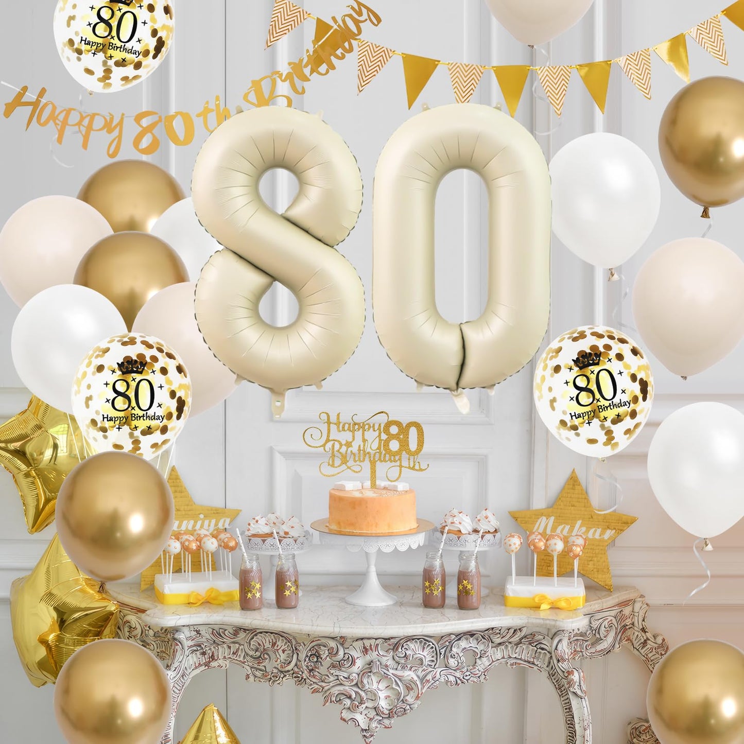 80Th Birthday Decorations Sand White Gold,80Th Birthday Balloons Beige Gold,Happy 80Th Birthday Banner With Cake Toppers Number