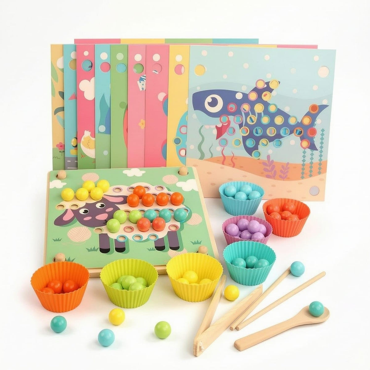 Fine Motor Skills Bead Matching Board With Tools HandEye Coordination Sorting Board With Cups Toddler Wooden Bead Game Preschoo