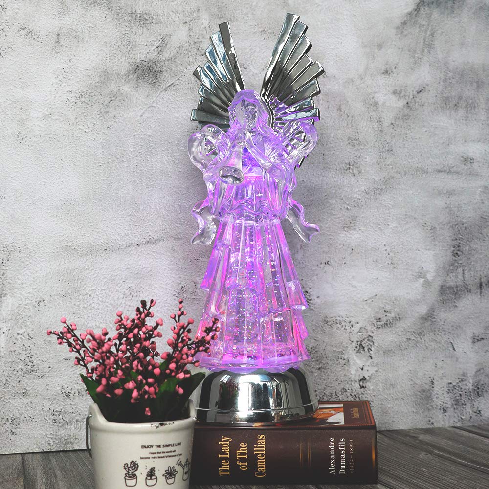 Eldnacele 14" Christmas Snow Globe - Battery Operated Color Changing Angel Figurine with Trumpet for Tabletop Decoration, Model AG001-H