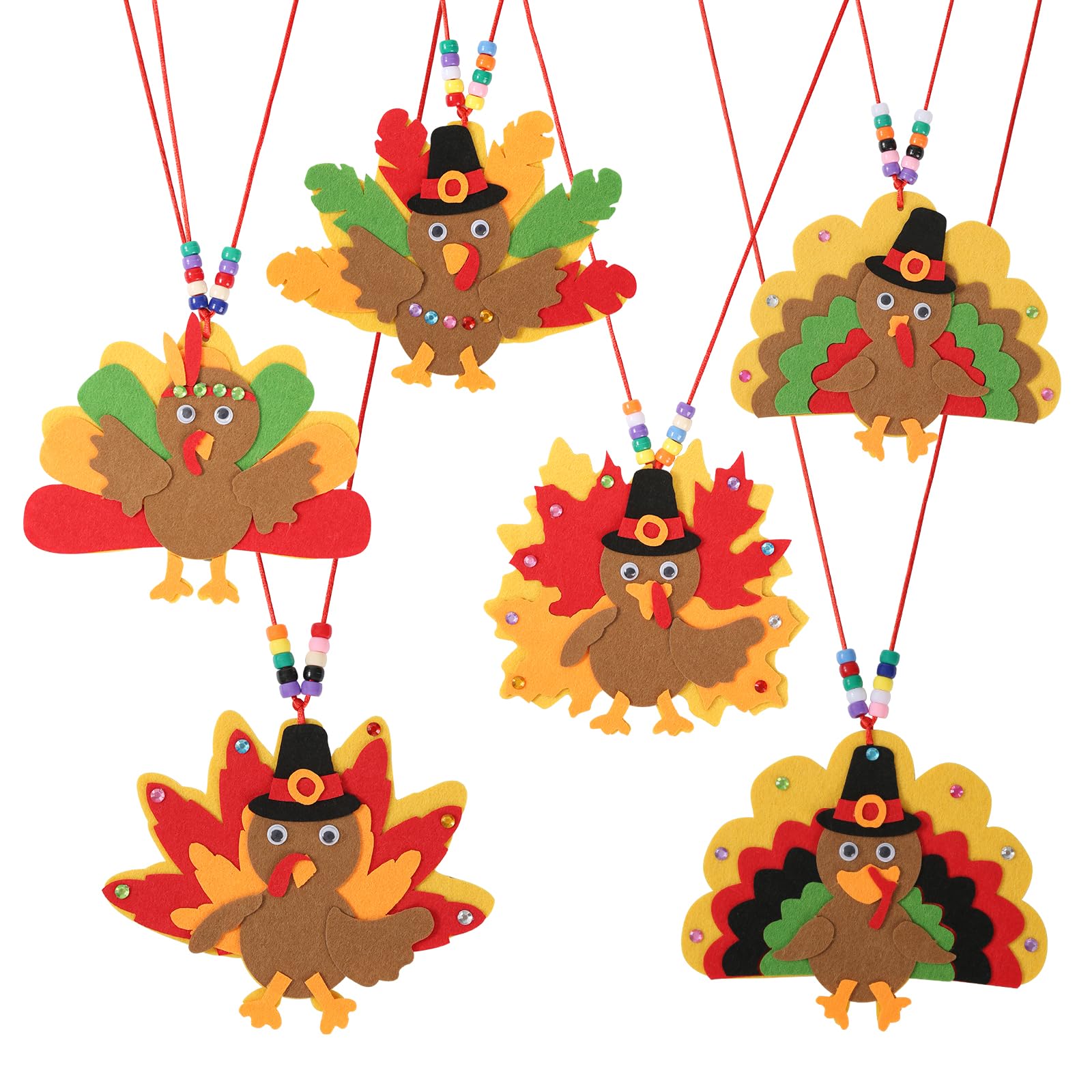 12 Pack DIY Thankful Necklace Turkey Craft, Thanksgiving Necklace Crafts Bulk with 6 Styles, Thanksgiving Activities Fall Party 
