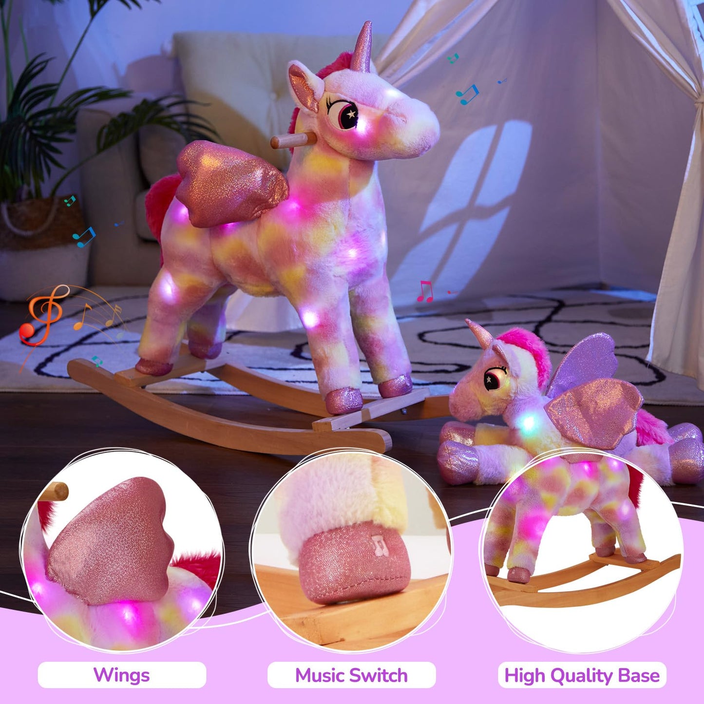 Glow Guards Light up Musical Unicorn Rocking Horse Set of 2 with Stuffed Rainbow Unicorn Toys Ride On Unicorn with Wooden Chair