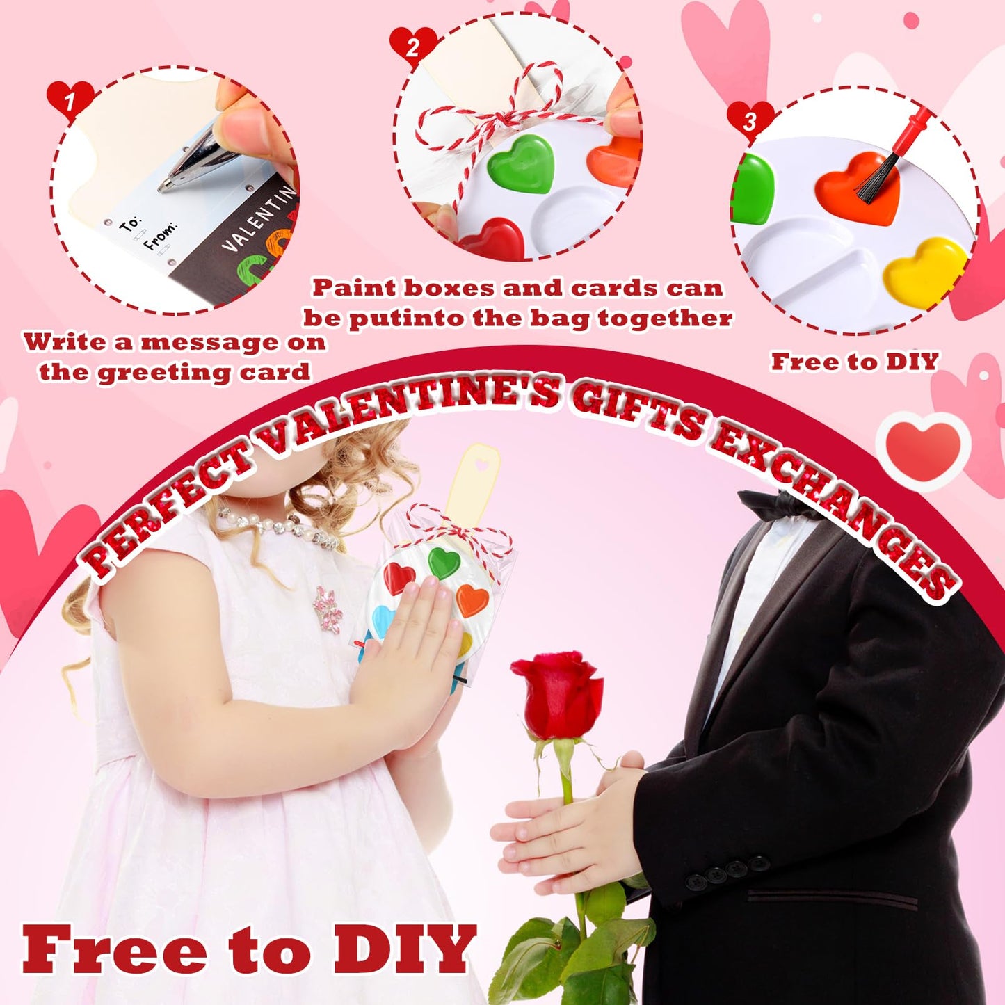 Noveread 24 Pack Watercolor Paint Sets for Valentines Day Gifts Include 24 Pcs Valentines Cards 24 Pcs Watercolor Paint 24 Pcs