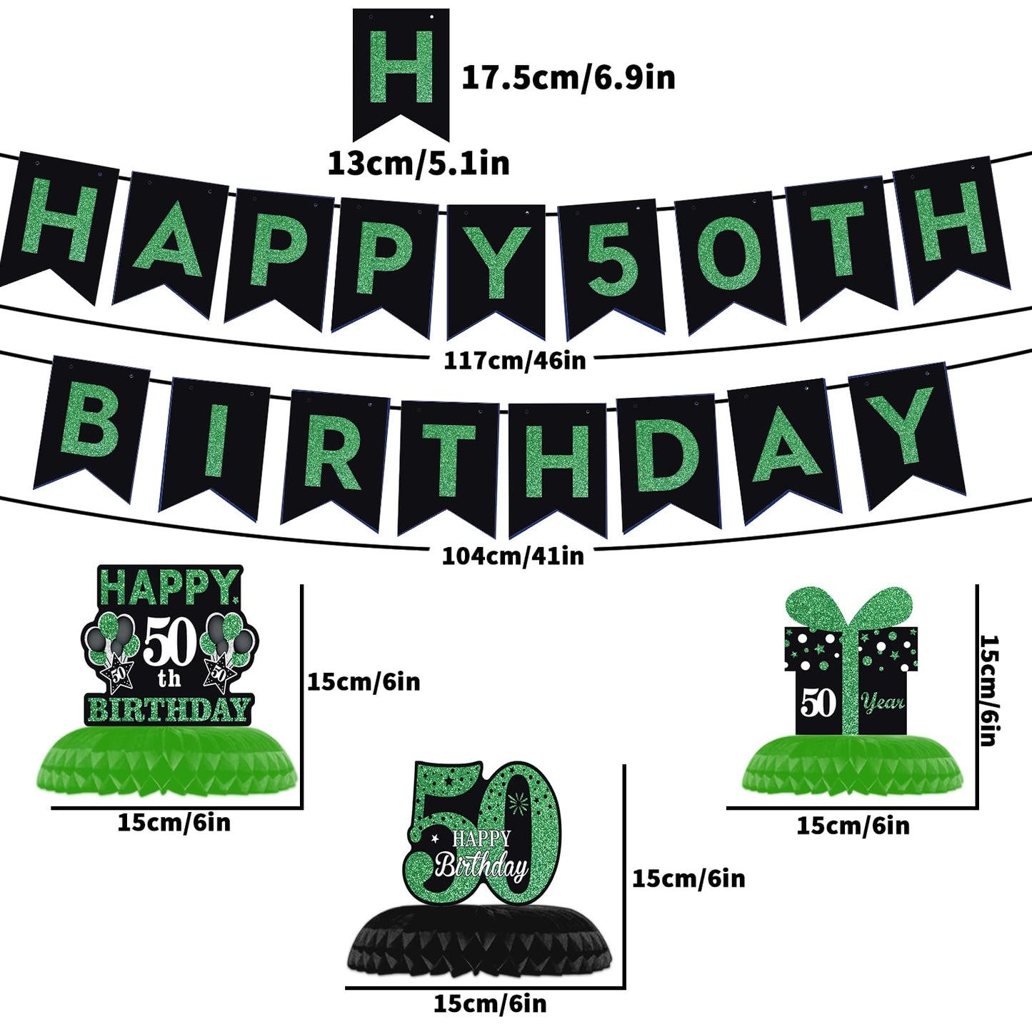 50Th Birthday Party Decorations, Green And Black Happy 50Th Birthday Decorations Hanging Swirls Banner Honeycomb Centerpieces For Men Women Happy 50 Years Old Bday Party