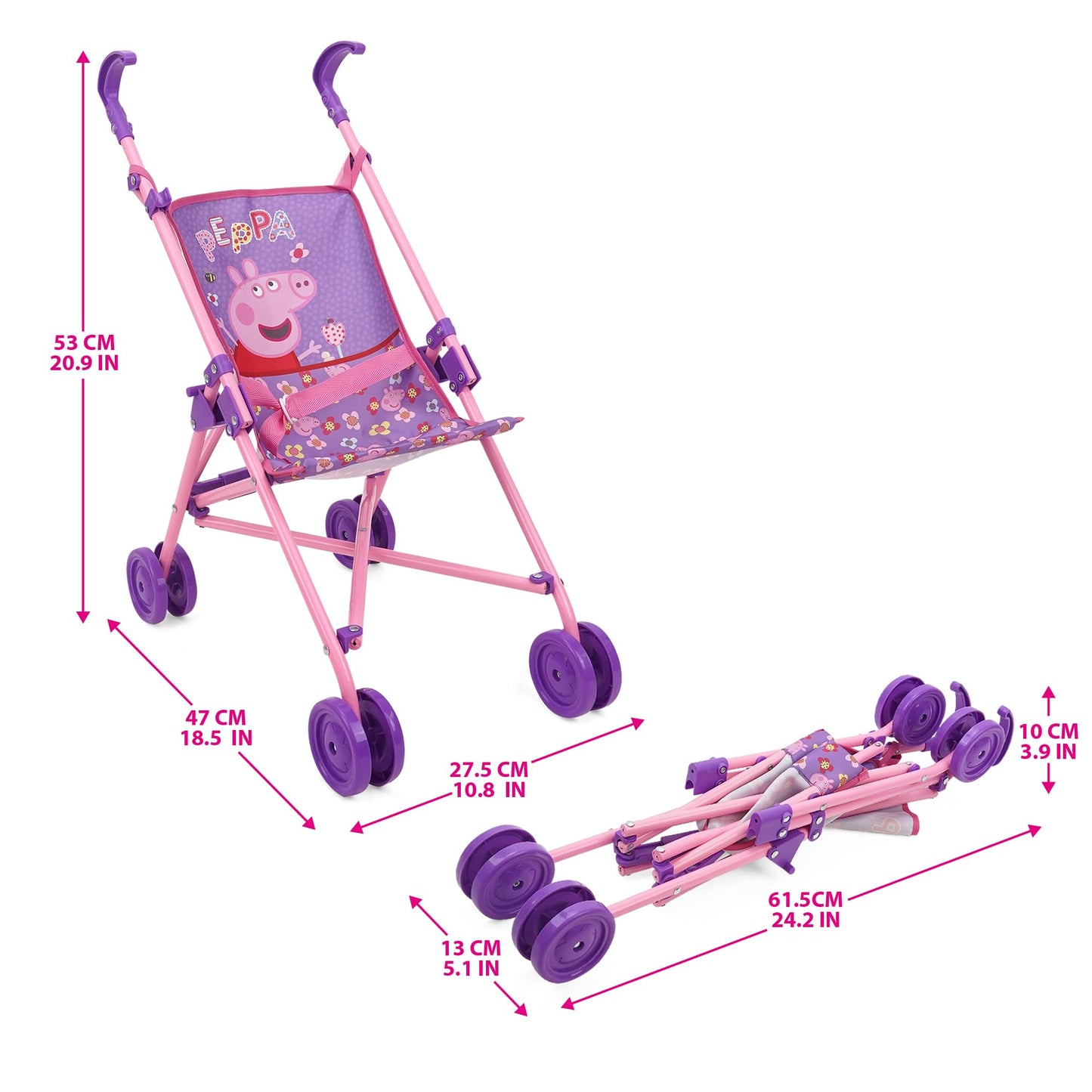 Peppa Pig Doll Umbrella Stroller - Pink & White Dots - Fits Dolls Up to 24" - Easy to Fold - Model T702037 - For Kids Ages 3+
