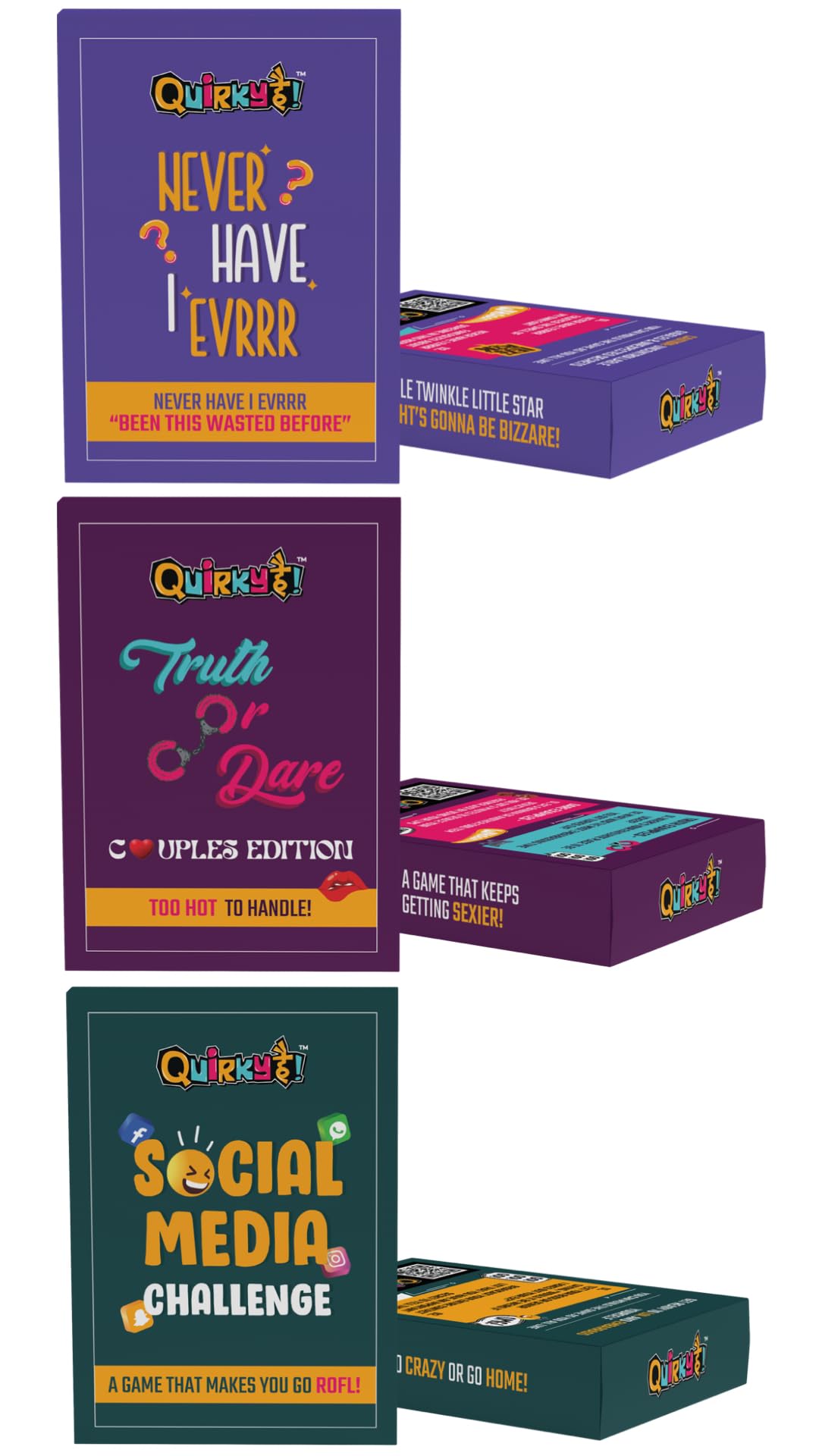 Never Have I Ever + Truth Or Dare Couples Edition + Social Media Challenge  Combo Of 3 Party Card Games With Pack Of 50 Cards E