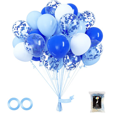Owill 100Pcs Balloons Royal Blue Confetti 12 Inches Blue Latex Balloons, Light Blue Baby Blue And White Party Balloons For Birth