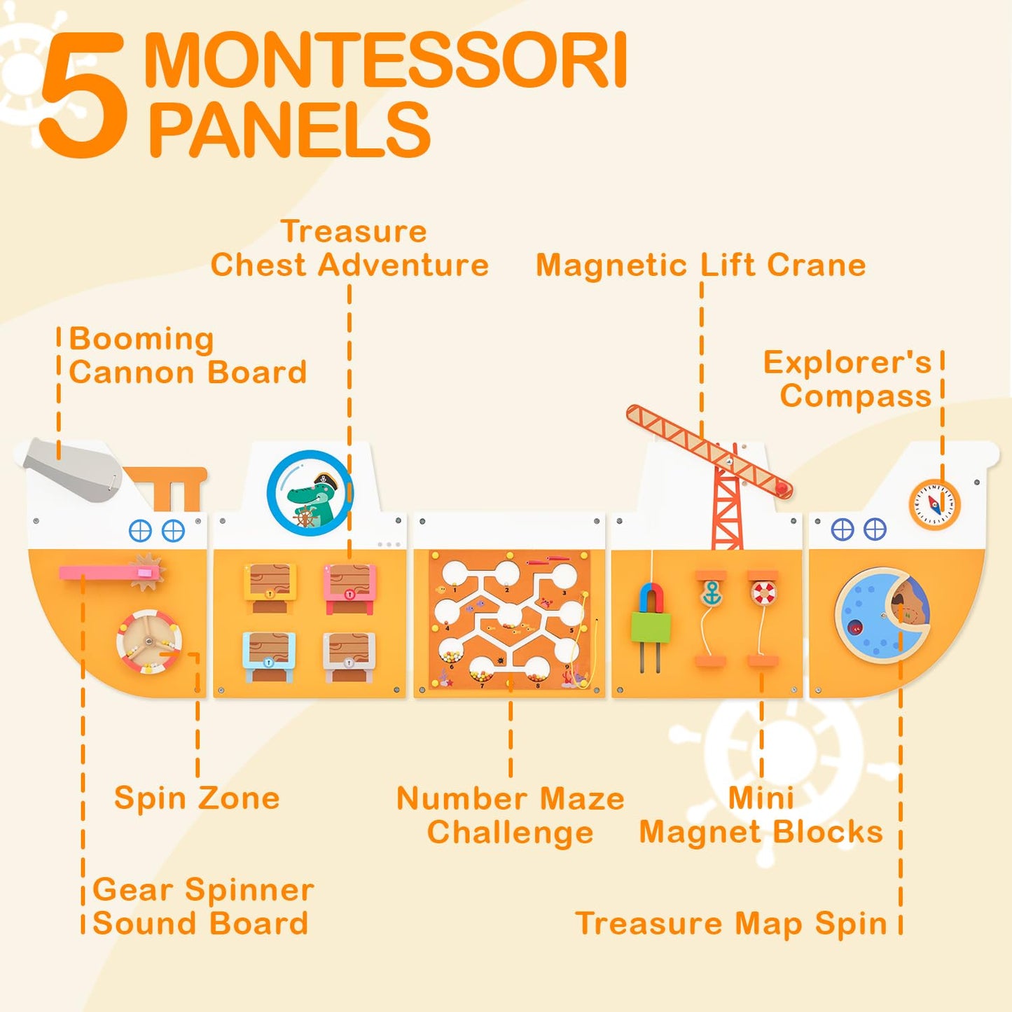 Monlurd Wooden Ship Activity Wall Panel For Kids, Sensory Wall Toy, Activity Cube, Wall Toys For Toddlers 1-3, Playroom Toys, Da
