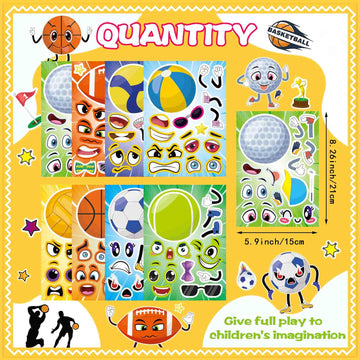 24 Pcs Sport Ball Stickers For Kids, Make A Face Stickers, Make Your Own Mix And Match Sticker Sheets, Basketball, Baseball, Foo