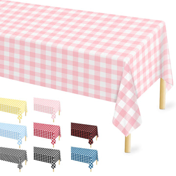 12 Pcs Pink Gingham Tablecloth 54    108 Inches Pink And White Checkered Table Cloth Disposable Plastic Waterproof Tablecover Fo