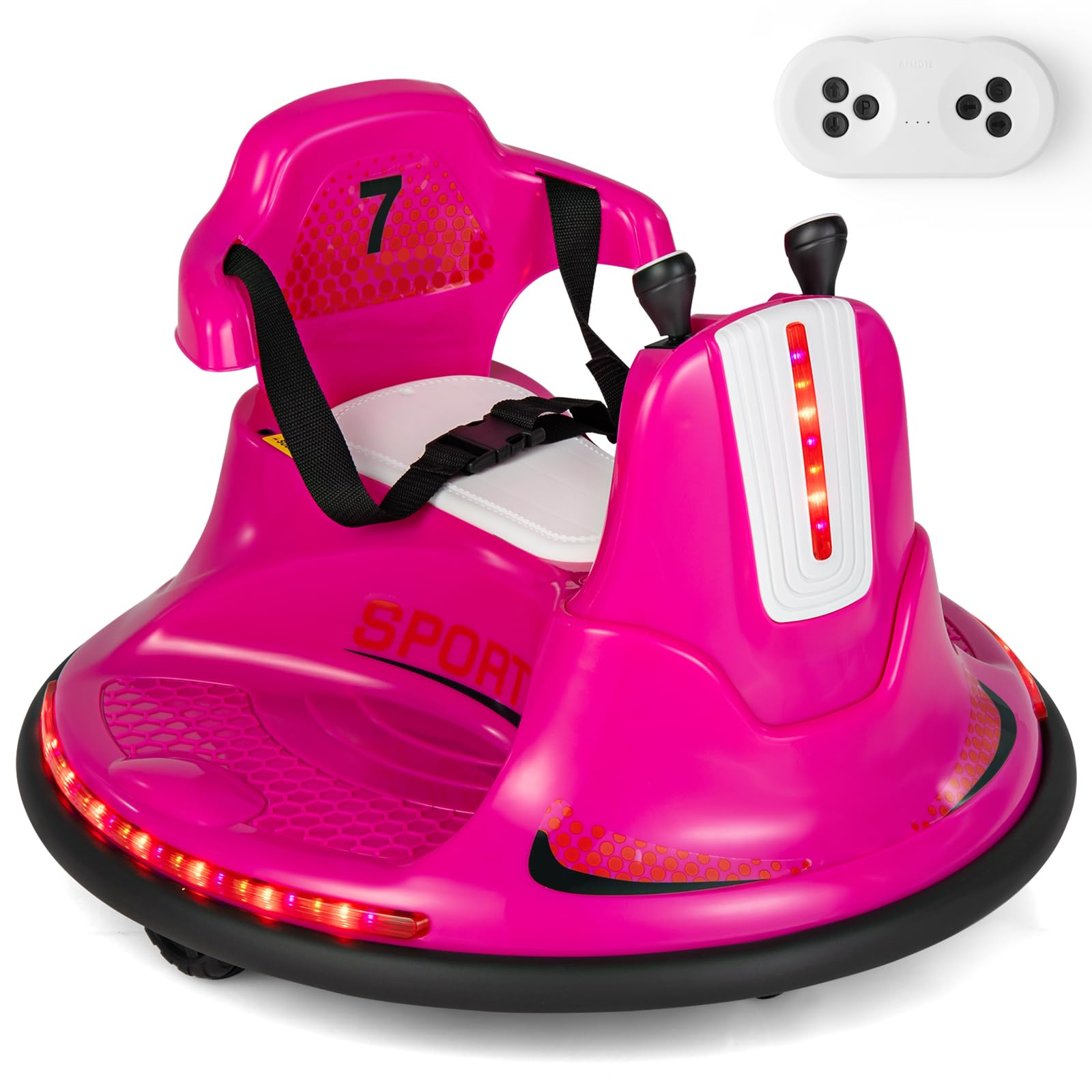 Costzon 12V Kids Ride On Bumper Car, Electric Bumper Car W/Dual Joysticks, Remote Control, 360° Spin, Slow Start Function, Led Lights & Fun Music, Adjustable Safety Belt, Soft Bumper (Pink)