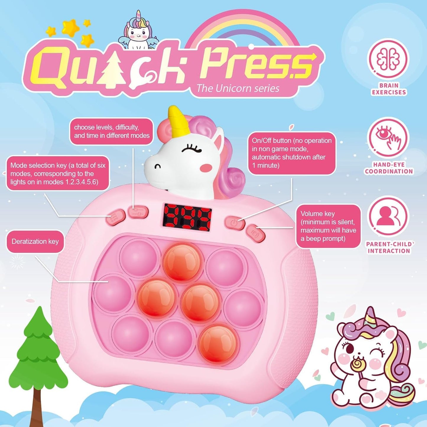 OCYGL Unicorn Pop Push Bubble Fidget Toy, Light-Up Handheld Console for Kids 3-12, Plastic Sensory Game, Ideal Unicorn Gifts for Toddlers