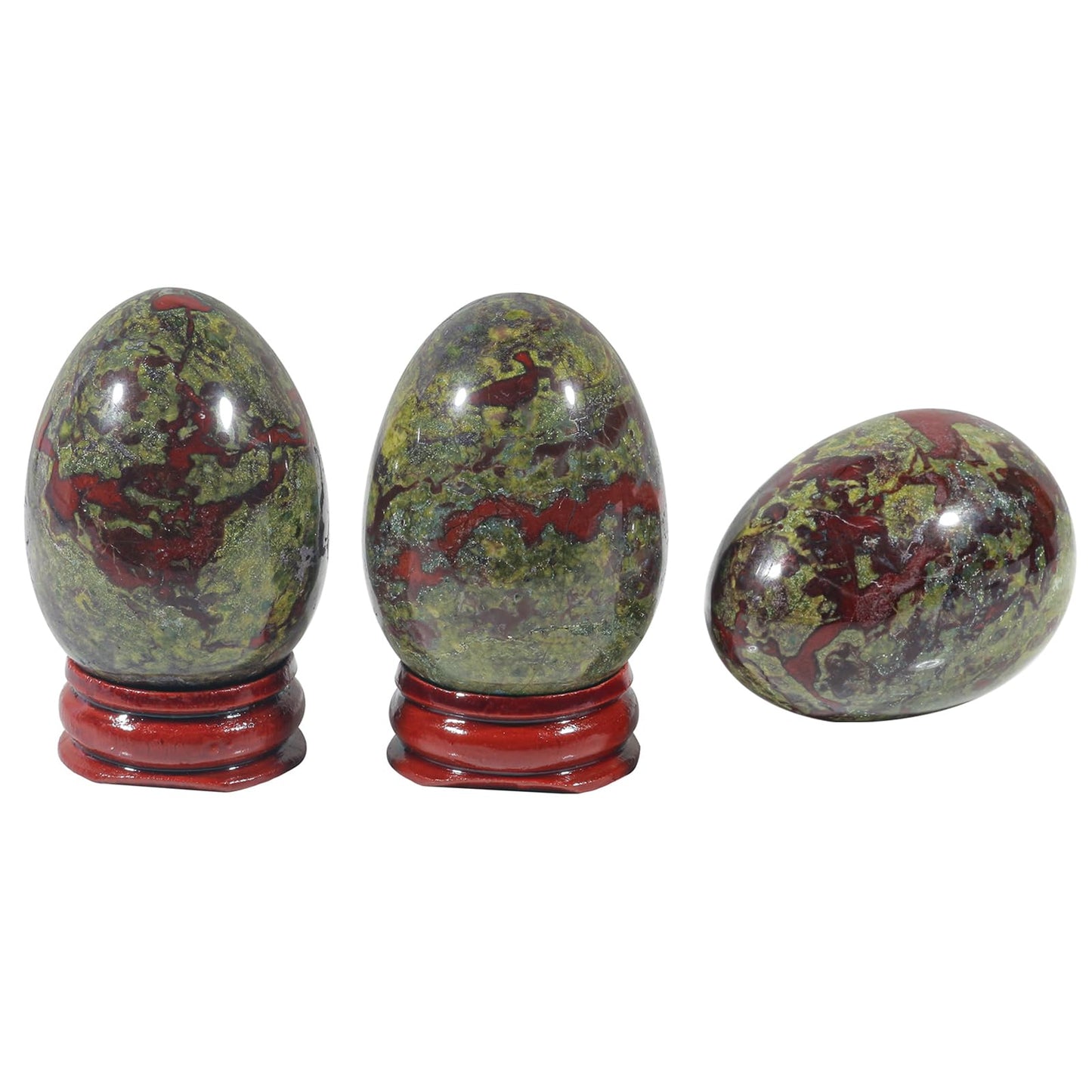 Fekuar Stone Egg Figurine, Polished Healing Crystal Easter Eggs Sphere Sculpture With Wood Stand, Natural Dragon Bloodstone, 1.8