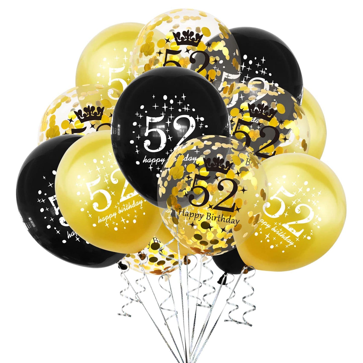 SHUNTAI 52nd Birthday Balloons, Black and Gold Latex Confetti, 12 inch, 15 Pieces, Rubber, SHUNTAI-52th Anniversary Party Supplies