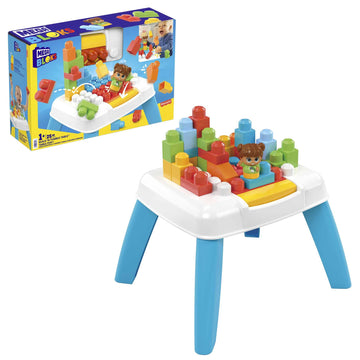 Mega Bloks Fisher-Price Toddler Blocks Toy Set, Build ‘N Tumble Activity Table With 25 Pieces And Storage, 1 Figure, Blue, Ages 1+ Years