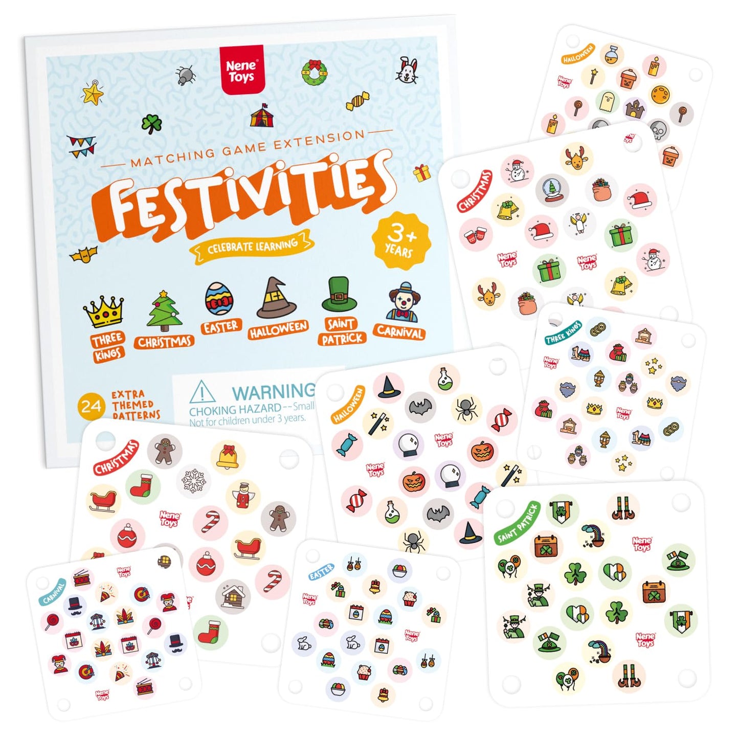 Nene Toys Festivities Memory Game Extension Set - 24 Additional Matching Cards For Christmas, Three Kings, Easter, Halloween, Carnival And More [Nene Toys Exclusive Size]