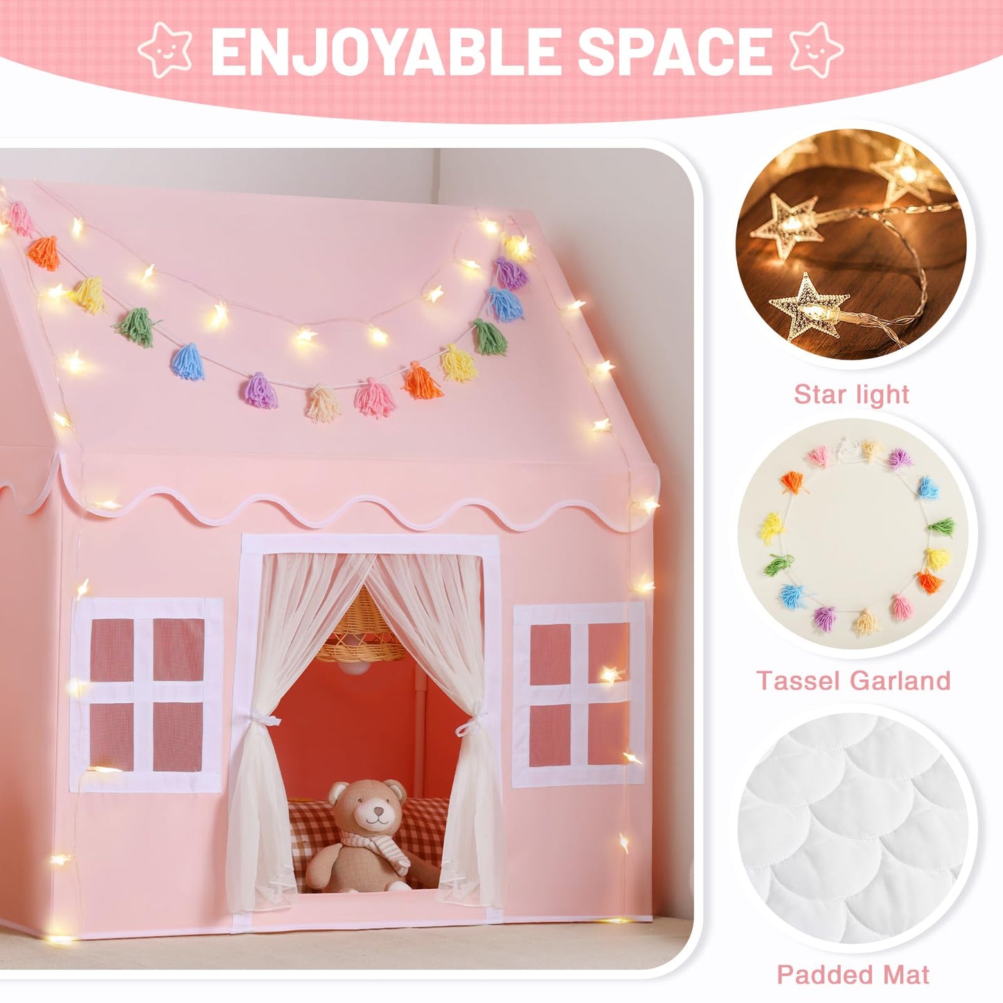 Senodeer Kids Play Tent Indoor: With Mat, Tassel Garland, Star Lights - Pink Girl Tent Playhouse For Toddlers Kids Toys For Boy Girl Birthday Gift For Kids