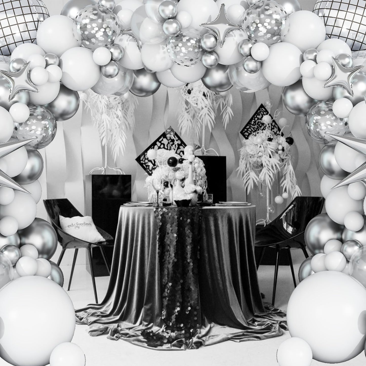 White And Silver Balloon Arch Garland Kit,White Silver Star Confetti Metallic Balloon Decoration With 18 Inch 4D Disco Silver Fo
