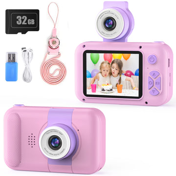 Purulu Kids Camera With 180 Flip-Up Lens For Selfie & Video, Hd Digital Video Cameras For Toddler With 32Gb Sd Card, Ideal For 3