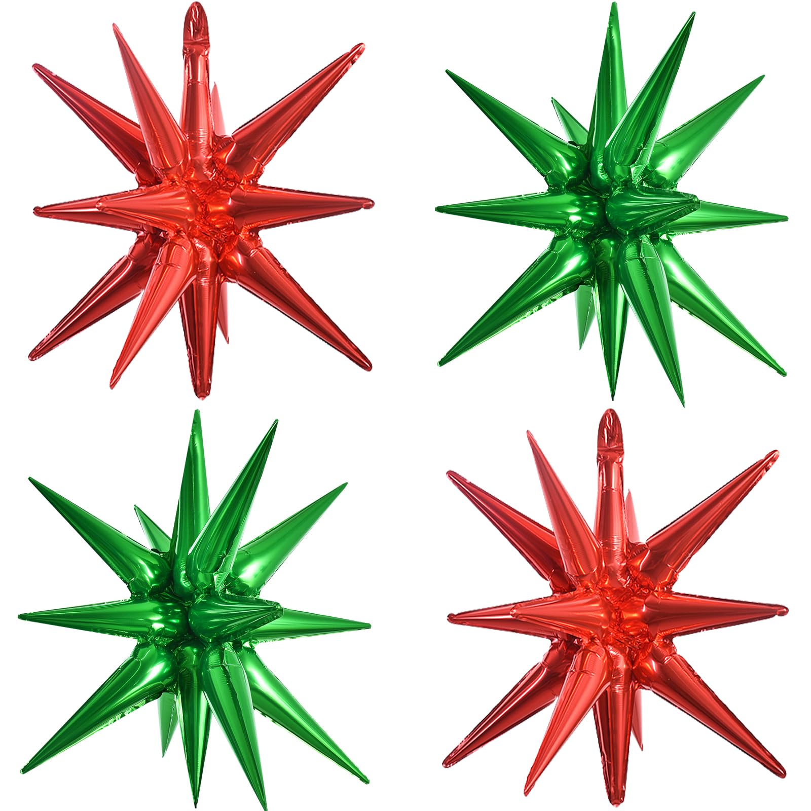 TONIFUL 4 Pcs 22inch 4D Red Green Explosion Star Mylar Balloons 14Point Star Balloons for Party Decorations Backdrop Christmas,N