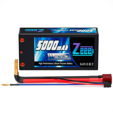 Zeee 2S Shorty Lipo Battery 5000mAh 7.4V 100C Hard Case with 4mm Bullet to Deans Connector for RC 1/10 Scale Vehicles Car Trucks