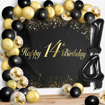 Happy 14Th Birthday Balloons Black Set Decor - Cheers To 14 Years Old Party Theme Garland Banner Backdrop Decorations For Boy An