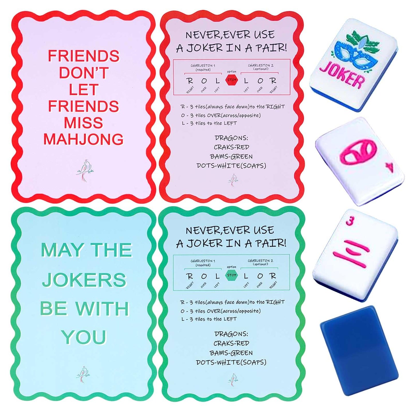 Adkoat 4PCS Mahjong Shuffler Cards for Tiles Mixing & Shuffling - Portable Mah Jongg Accessories and Gifts for Party Supplies - Waterproof Rules Printed for Mah-jongg Beginners & Lovers