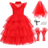 Ibq Kids Red Wedding Dress Girls Halloween Costuems Toddler Horror Comedy Character Bride Cosplay Outfit With Veil Gloves Bq045S