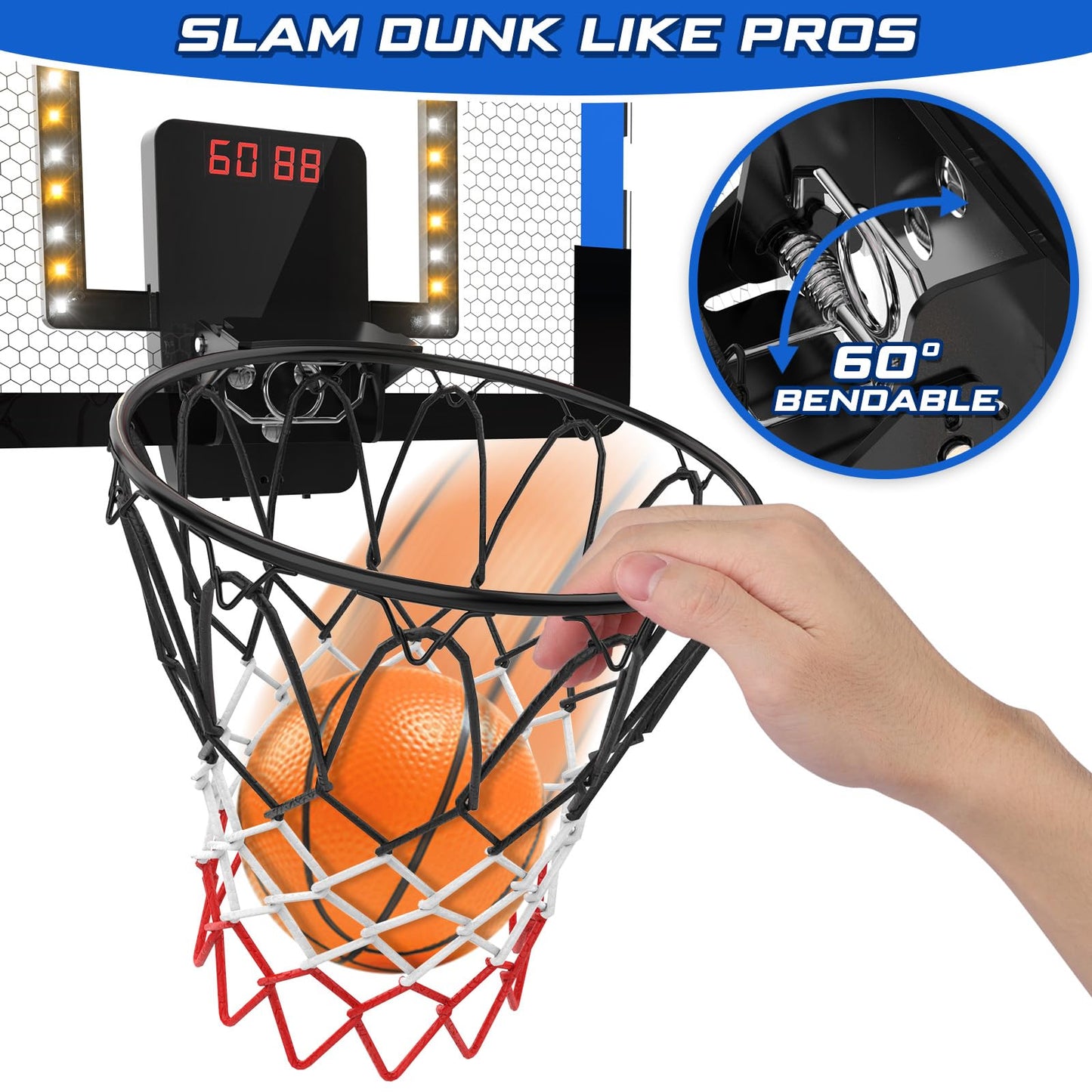 Indoor Basketball Hoop For Kids, Mini Basketball Hoop With Double Electronic Scoreboard And Led Light, Over The Door Basketball Gifts Toys For 5 6 7 8 9 10 11 12 Year Old Boys (East Blue)