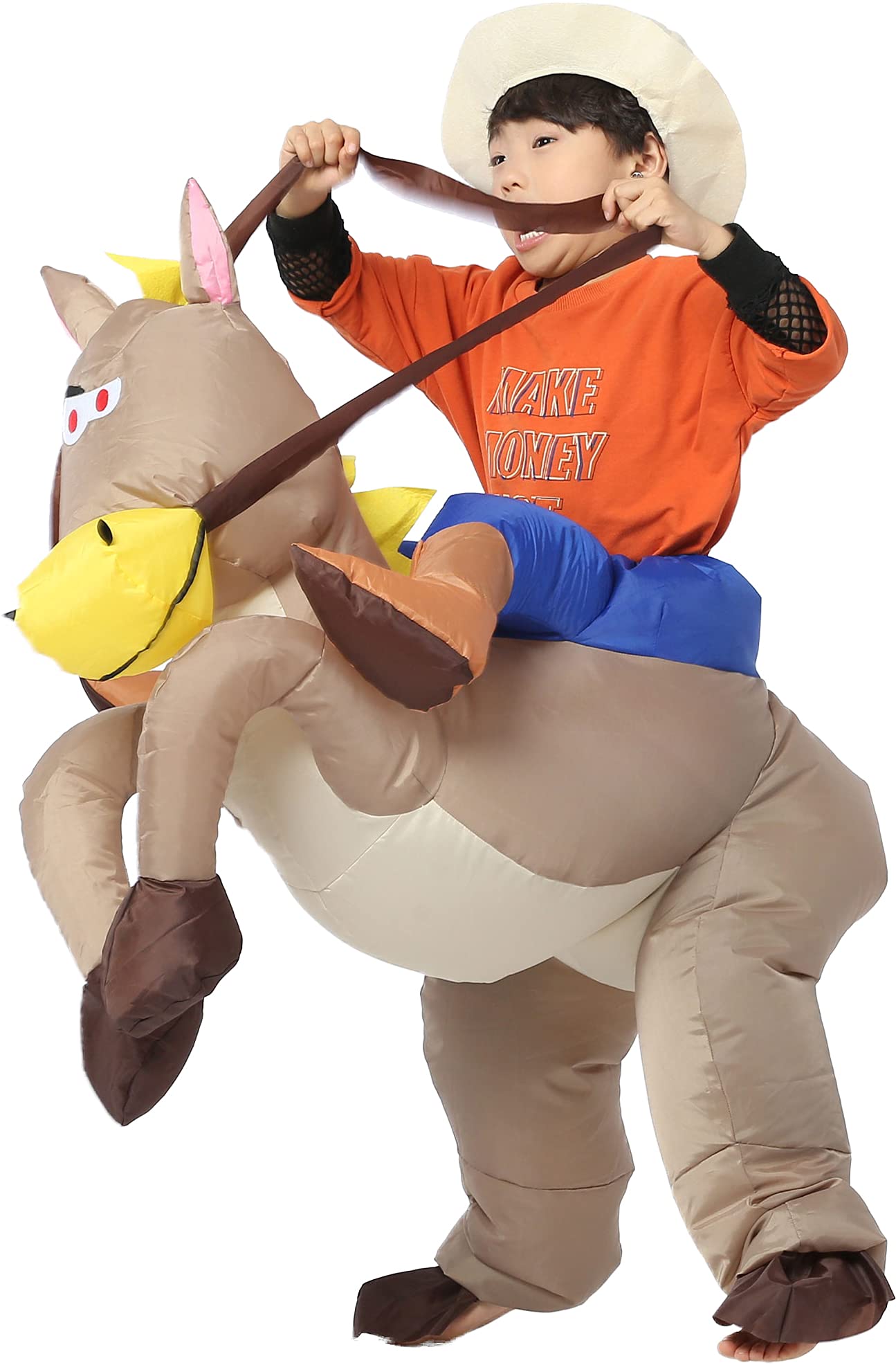 JYZCOS Inflatable Cowboy Costume for Kids Western Horse Rider Fancy Dress Halloween Party Suit (Brown Kid)