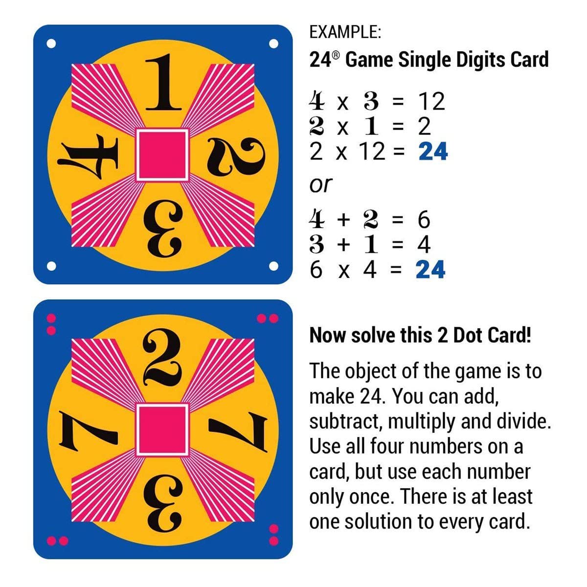 InPrimeTime 24 Game Two Pack - 48 Single & Double Digit Cards, Cardstock, Assorted Colors, Model 33956 and 39956, Includes Tips Sheet