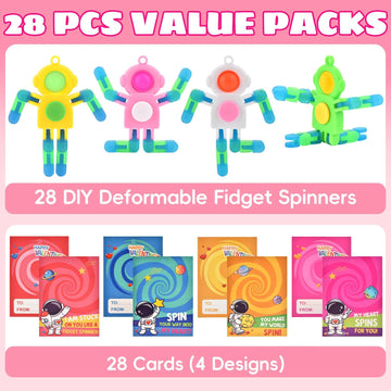 28 Pack Valentines Day Gifts for Kids - Astronaut Finger Spinners with Cards for School Exchanges, Classroom Activities, Game P