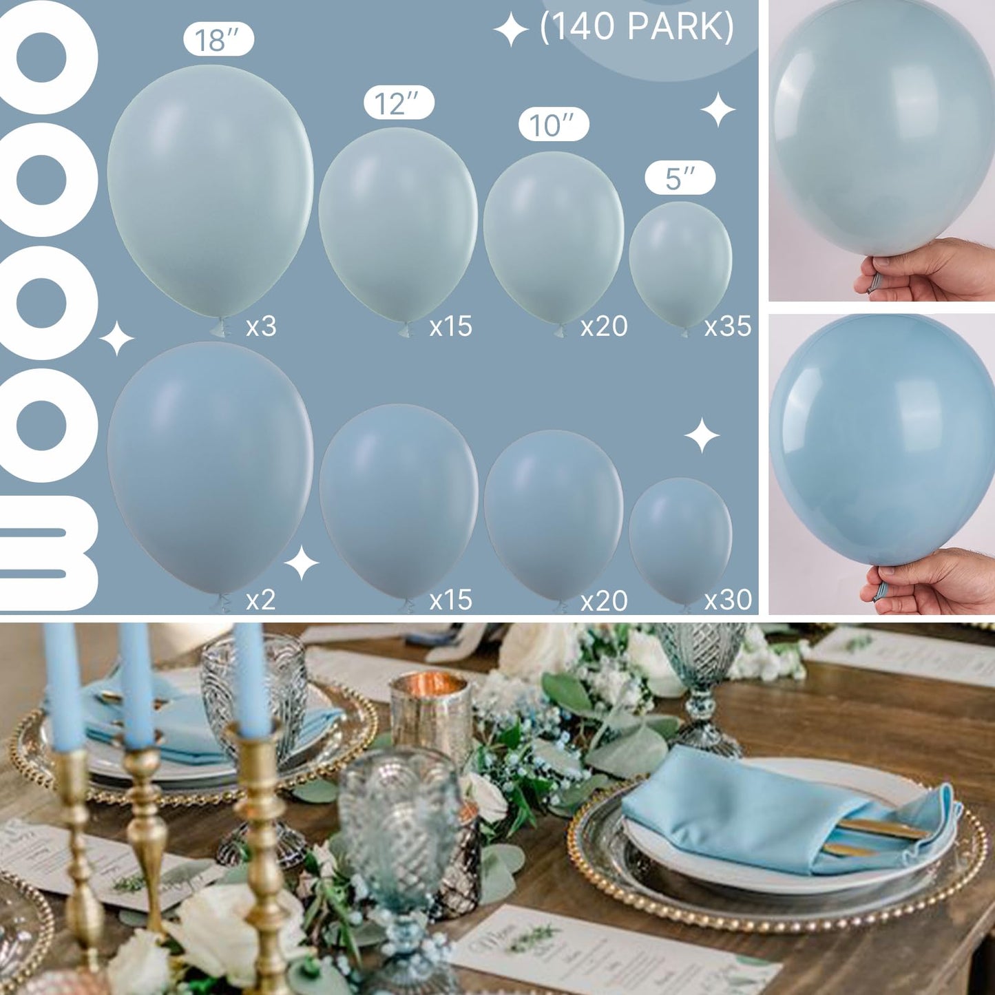 Partywoo Boho Blue Balloons, 140 Pcs Pale Aqua Balloons And Light Grey Blue Balloons Different Sizes Pack Of 18 Inch 12 Inch 10 Inch 5 Inch For Balloon Garland Or Balloon Arch As Party Decorations