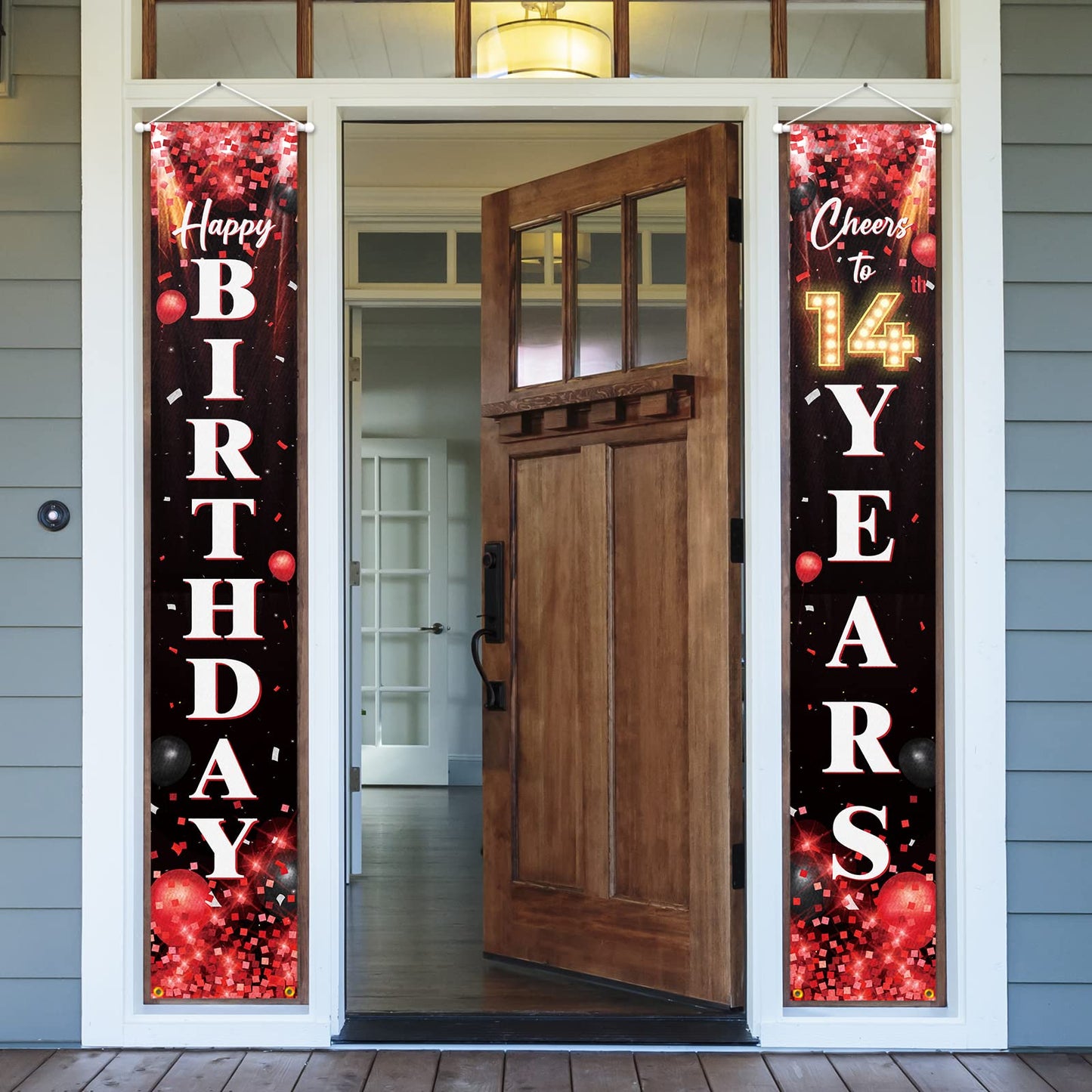 Happy 14Th Birthday Porch Sign Door Banner Decor Red And Black - Glitter Cheers To 14 Years Old Birthday Party Theme Decorations