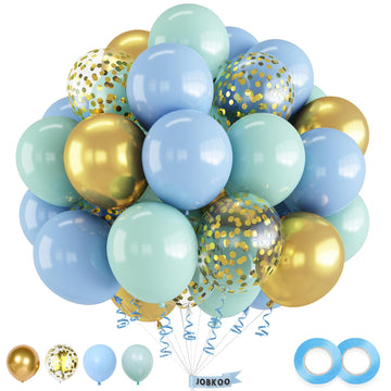 Blue And Green Balloons, 60 Pcs Light Blue Mint Green Balloon Set With Gold Confetti Metallic Gold Balloons, 12 Inch Baby Pastel