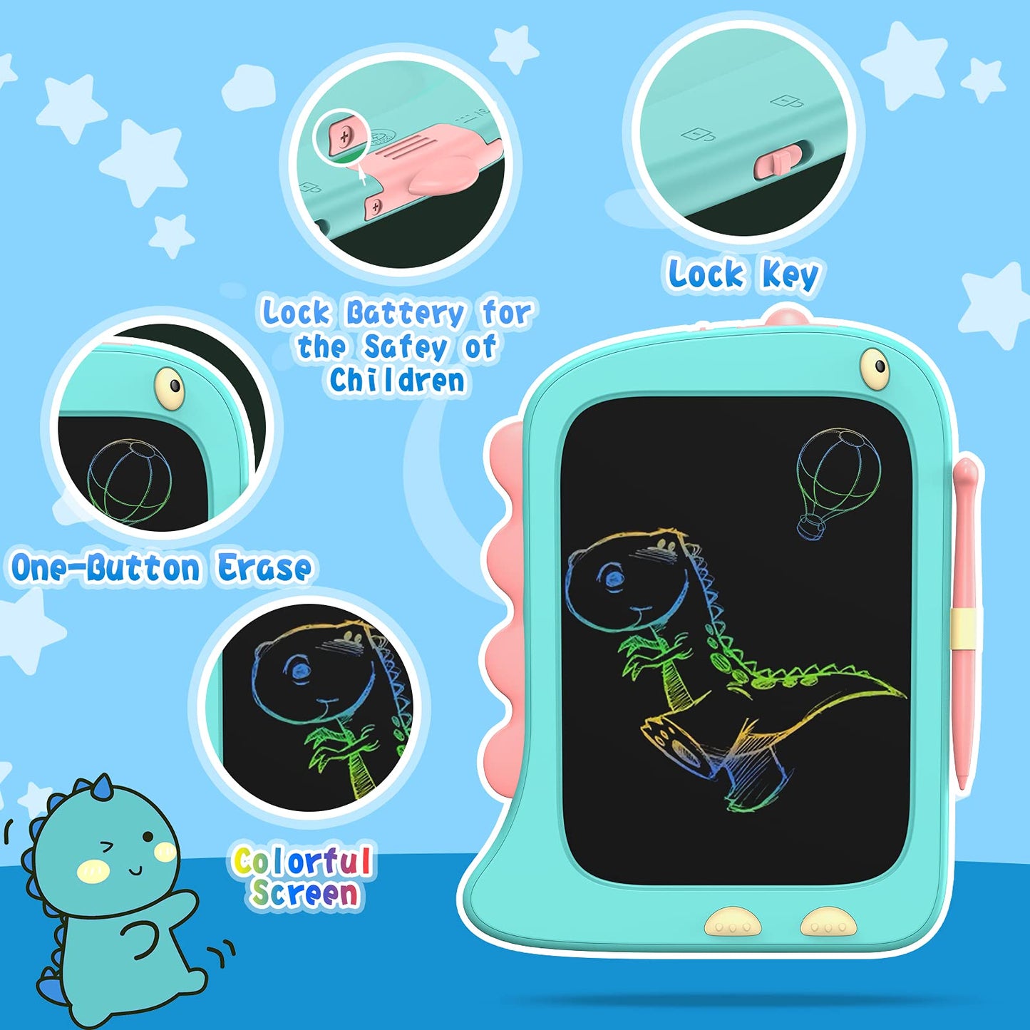 ORSEN Doodle Board Drawing Tablet - 8.5 Inch Dinosaur Toy for Kids, Blue, Model OS-A6-385C-BLU
