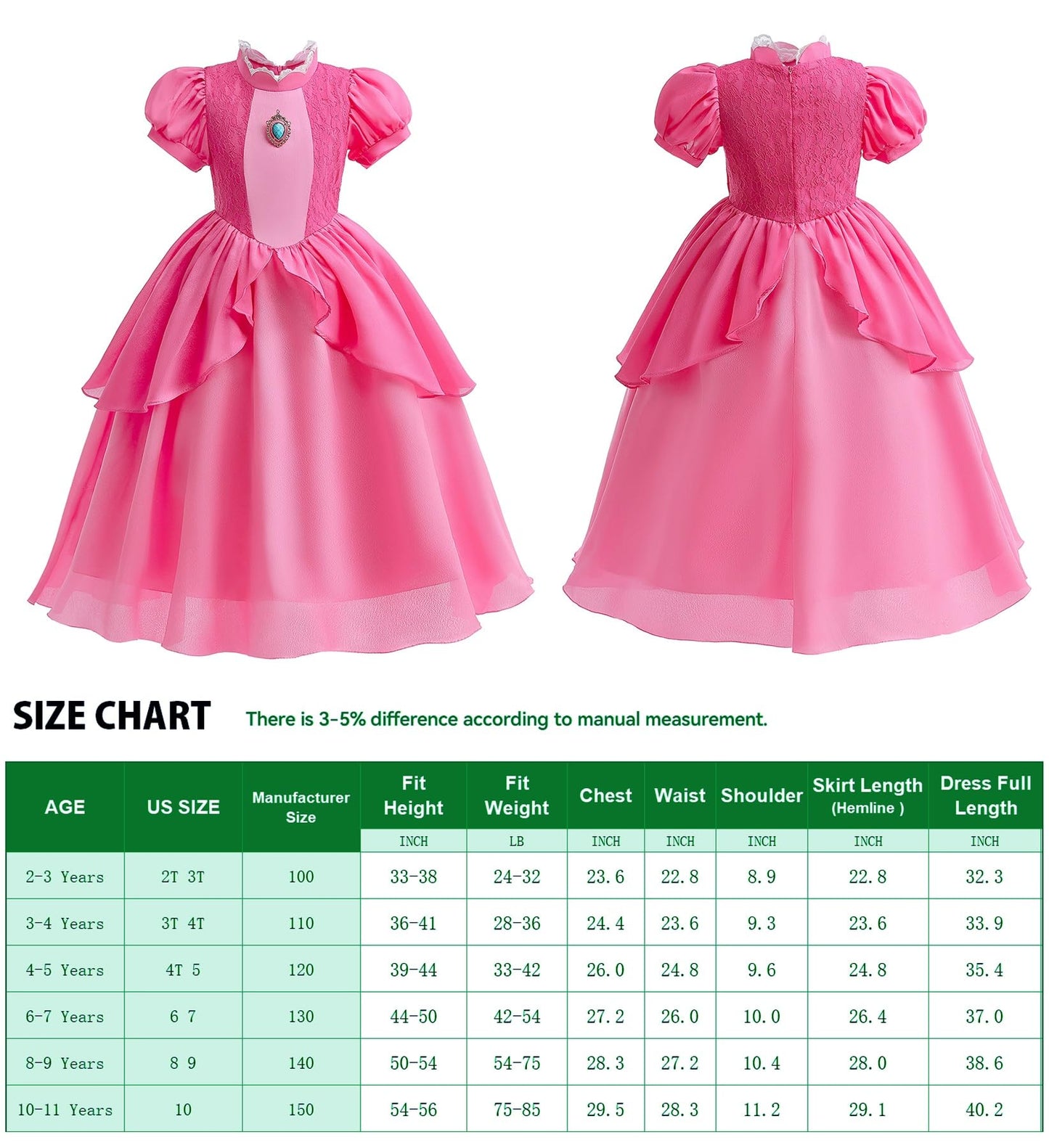 Kids Princess Peach Costume For Girls Dress Up With Crown Gloves Wand Earrings - Princess Peach Dress For Girls 10-11 Years
